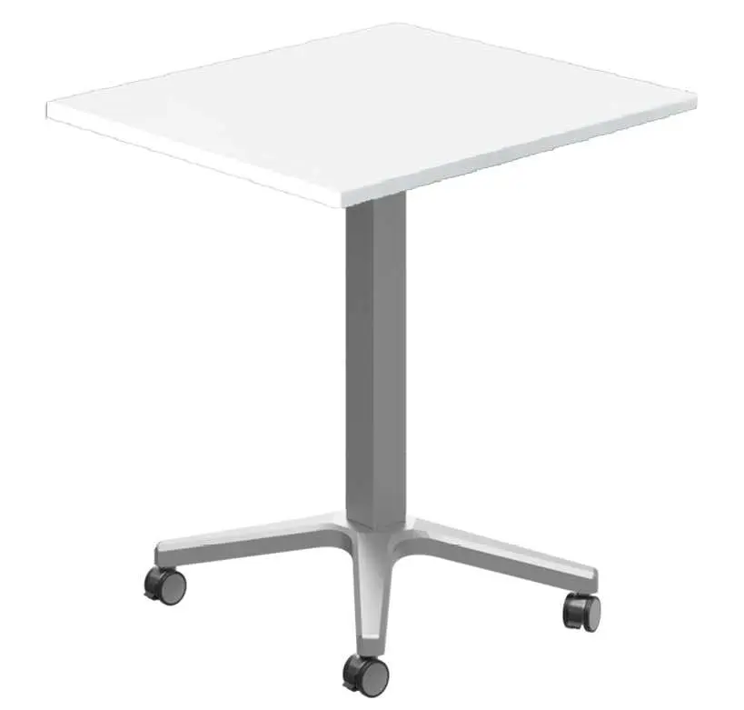 POC 500 - 6 stůl hranatý, deska 600 x 600 mm bílá (síla 25 mm), pojízdná centrální noha, podnož stříbrná