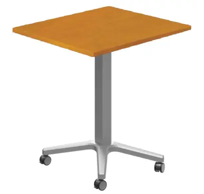 POC 500 - 6 stůl hranatý, deska 600 x 600 mm olše jantar (síla 25 mm), pojízdná centrální noha, podnož stříbrná