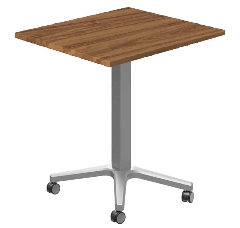 POC 500 - 6 stůl hranatý, deska 600 x 600 mm ořech královský (síla 25 mm), pojízdná centrální noha, podnož stříbrná