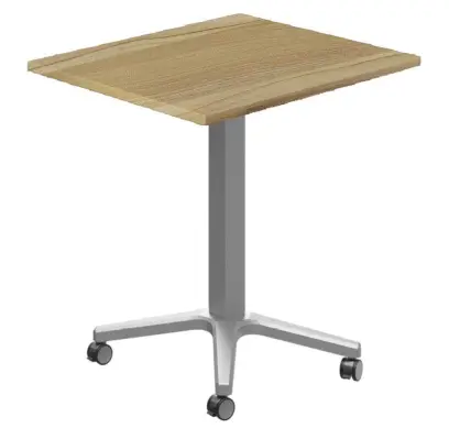 POC 500 - 6 stůl hranatý, deska 600 x 600 mm ořech světlý (síla 25 mm), pojízdná centrální noha, podnož stříbrná