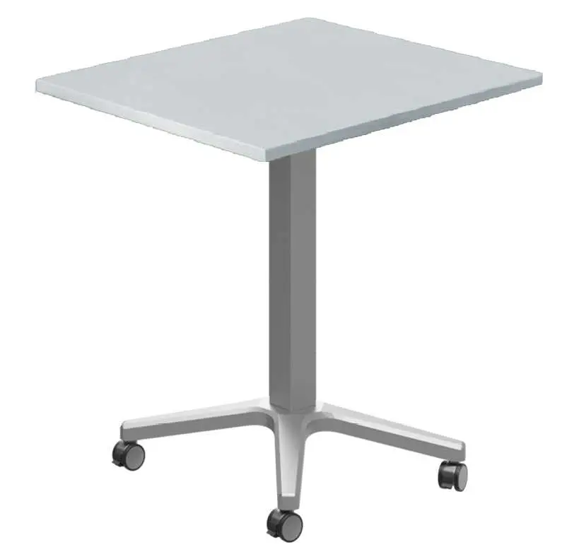 POC 500 - 6 stůl hranatý, deska 600 x 600 mm šedá (síla 25 mm), pojízdná centrální noha, podnož stříbrná