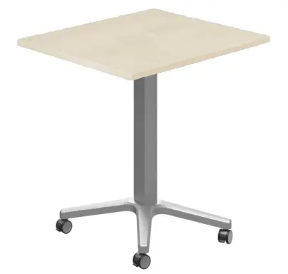 POC 500 - 7 stůl hranatý, deska 700 x 700 mm bříza irská (síla 25 mm), pojízdná centrální noha, podnož stříbrná