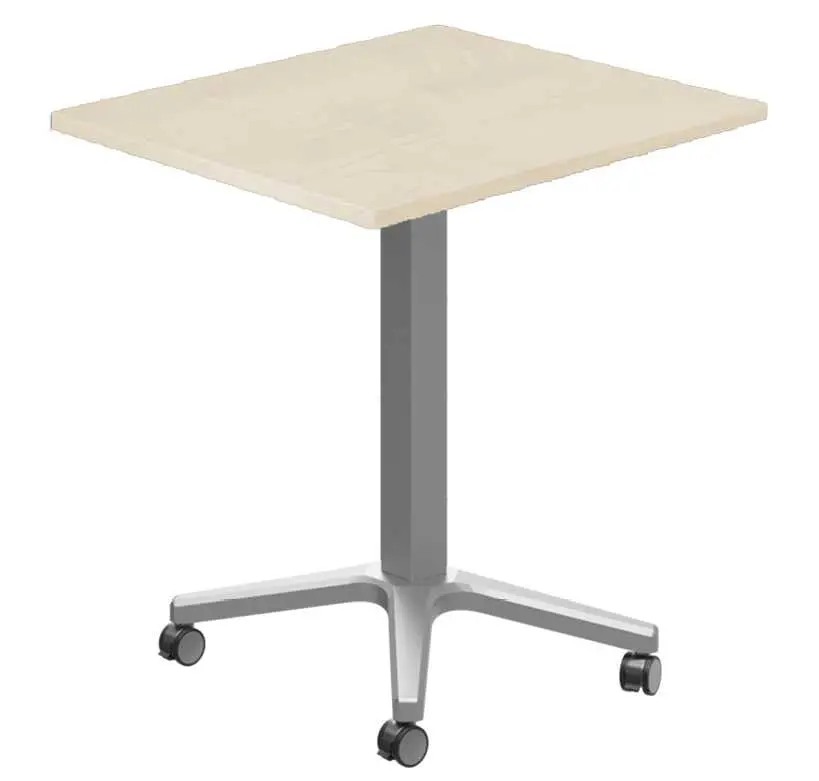 POC 500 - 7 stůl hranatý, deska 700 x 700 mm bříza irská (síla 25 mm), pojízdná centrální noha, podnož stříbrná