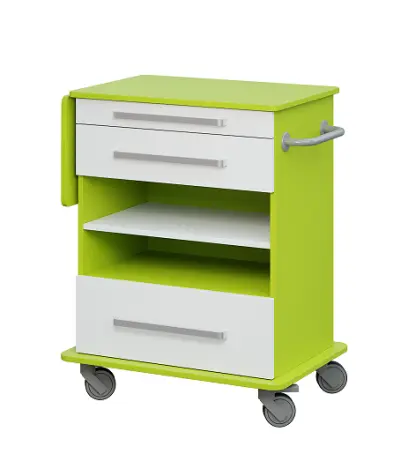 DEXTER 07 vozík asistenční, korpus a desky jarní zeleň / zásuvky, police bílá