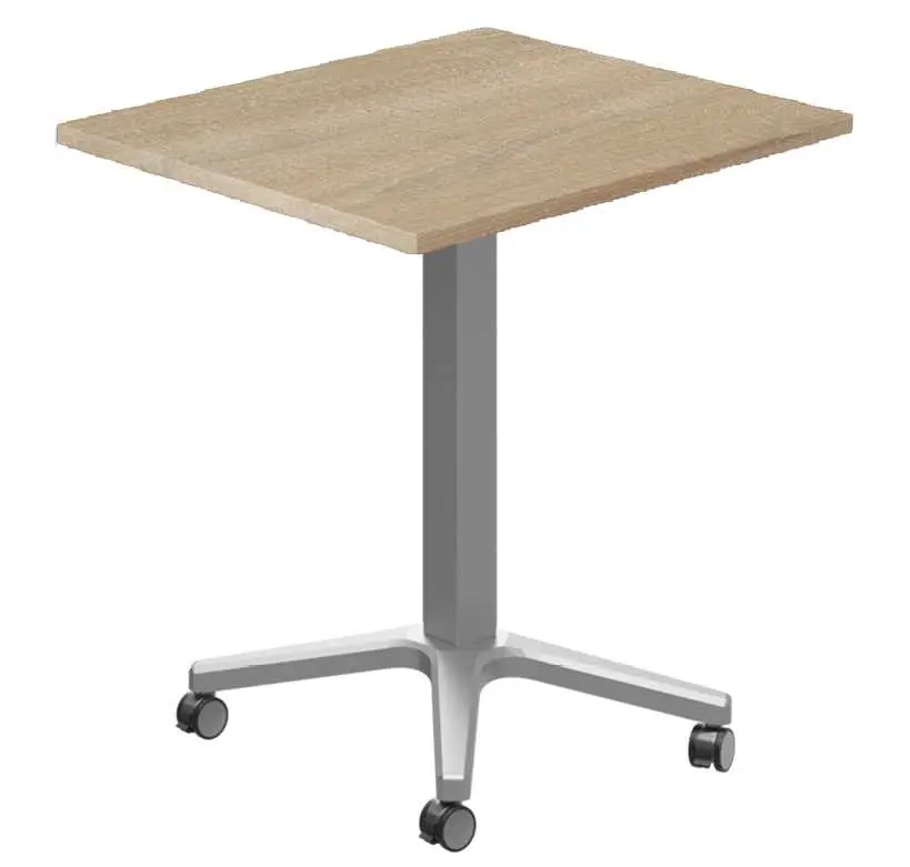 POC 500 - 7 stůl hranatý, deska 700 x 700 mm dub bardolino (síla 25 mm), pojízdná centrální noha, podnož stříbrná