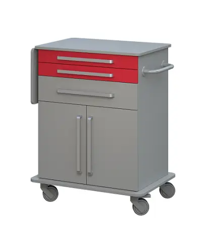 DEXTER 08 vozík asistenční, korpus a desky šedá / 1,2 zásuvky červená flamengo, 3 zásuvka, dveře šedá