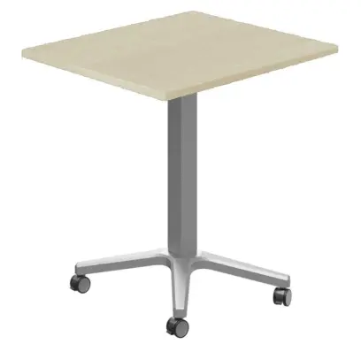 POC 500 - 7 stůl hranatý, deska 700 x 700 mm javor horský (síla 25 mm), pojízdná centrální noha, podnož stříbrná