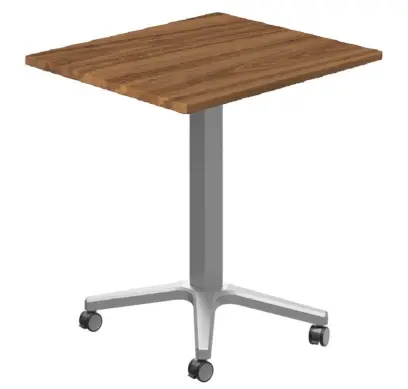 POC 500 - 7 stůl hranatý, deska 700 x 700 mm ořech královský (síla 25 mm), pojízdná centrální noha, podnož stříbrná