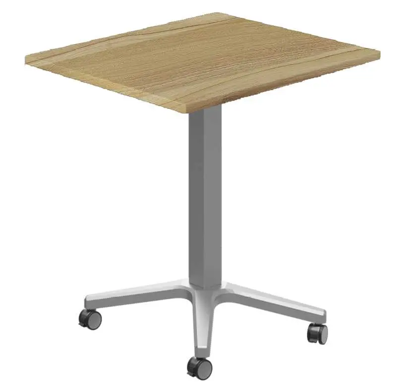 POC 500 - 7 stůl hranatý, deska 700 x 700 mm ořech světlý (síla 25 mm), pojízdná centrální noha, podnož stříbrná