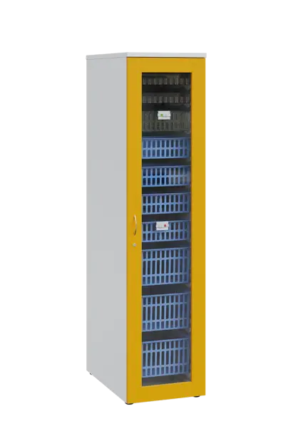 MEDICAL S - 46 skříň léková boxová, 1950 x 460 x 735, prosklená, korpus bílá, dvířka žlutá odio