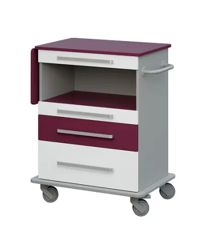 DEXTER 09 vozík asistenční, korpus šedá, spodní deska šedá, vrchní deska šalvěj / 1,2 zásuvka bílá, police šalvěj, 3 zásuvka šalvěj, 4 zásuvka bílá