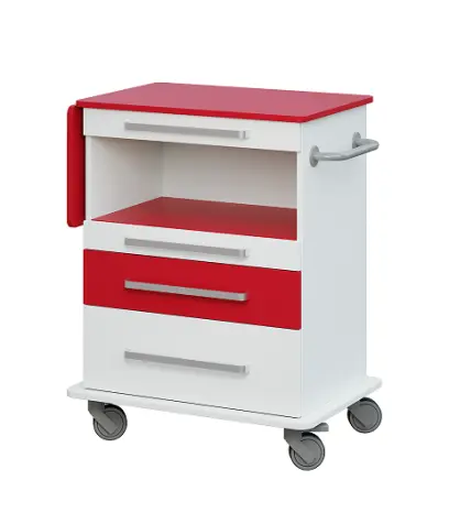 DEXTER 09 vozík asistenční, korpus bílá, spodní deska bílá, vrchní červená flamengo / 1,2 zásuvka bílá, police červená flamengo, 3 červená flamengo, 4 zásuvka b