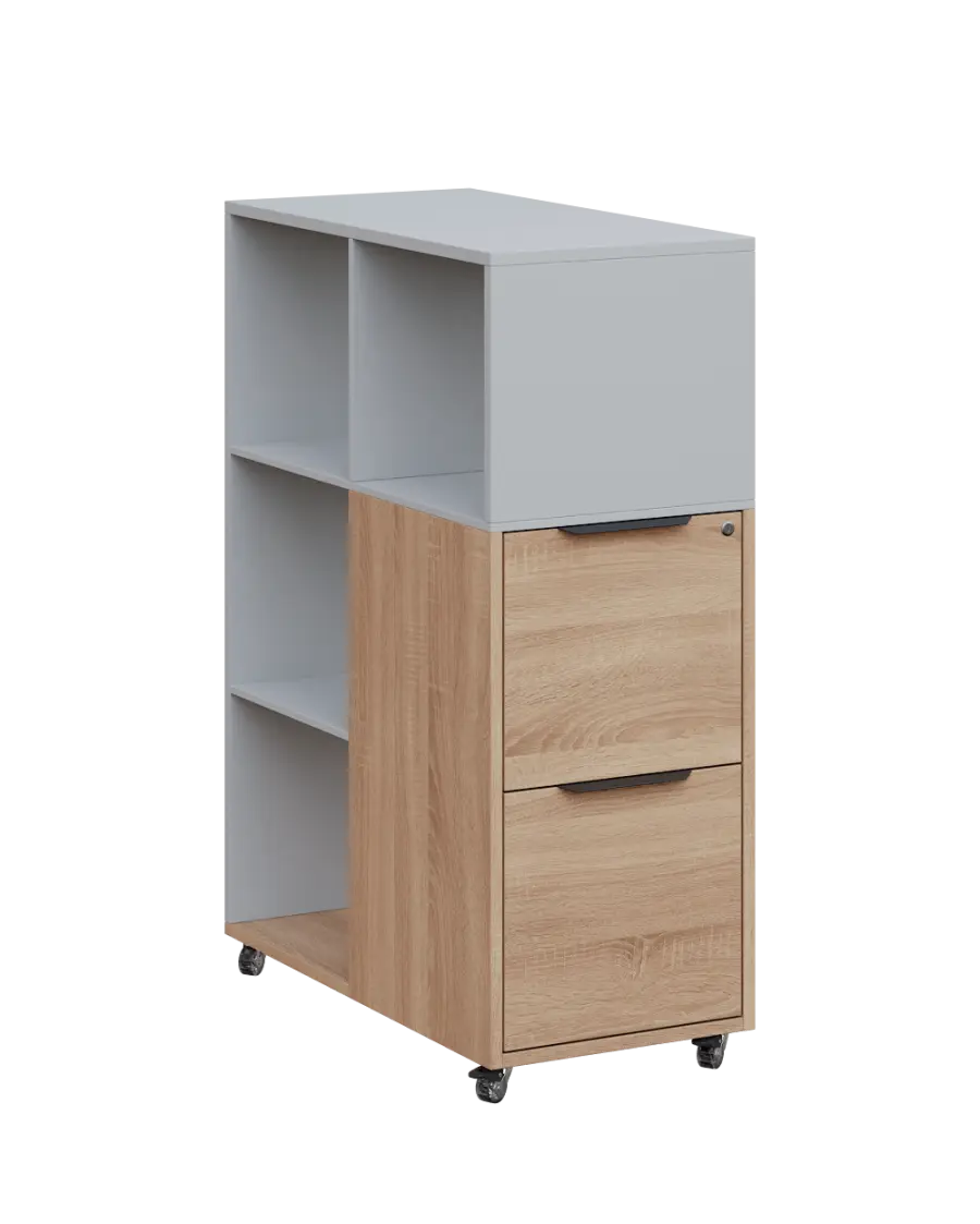 AERO 31 kancelářská skříň, 2-zásuvková/4 niky, 1100x400x800, kolečka, šedá/dub bardolino