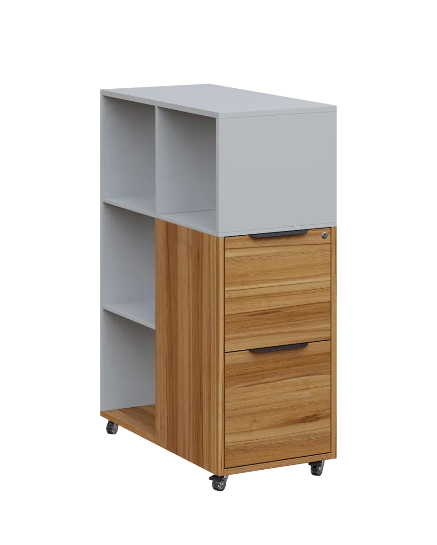 AERO 31 kancelářská skříň, 2-zásuvková/4 niky, 1100x400x800, kolečka, šedá/ořech světlý