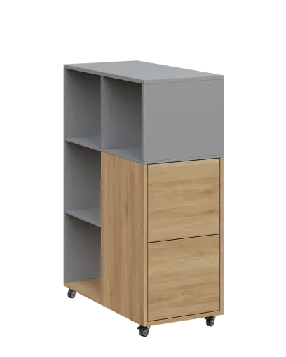 AERO 32 P kancelářská skříň, 2-dveřová/4 niky, pravá, 1100x400x800, kolečka, chinchilla šedá/dub fjord