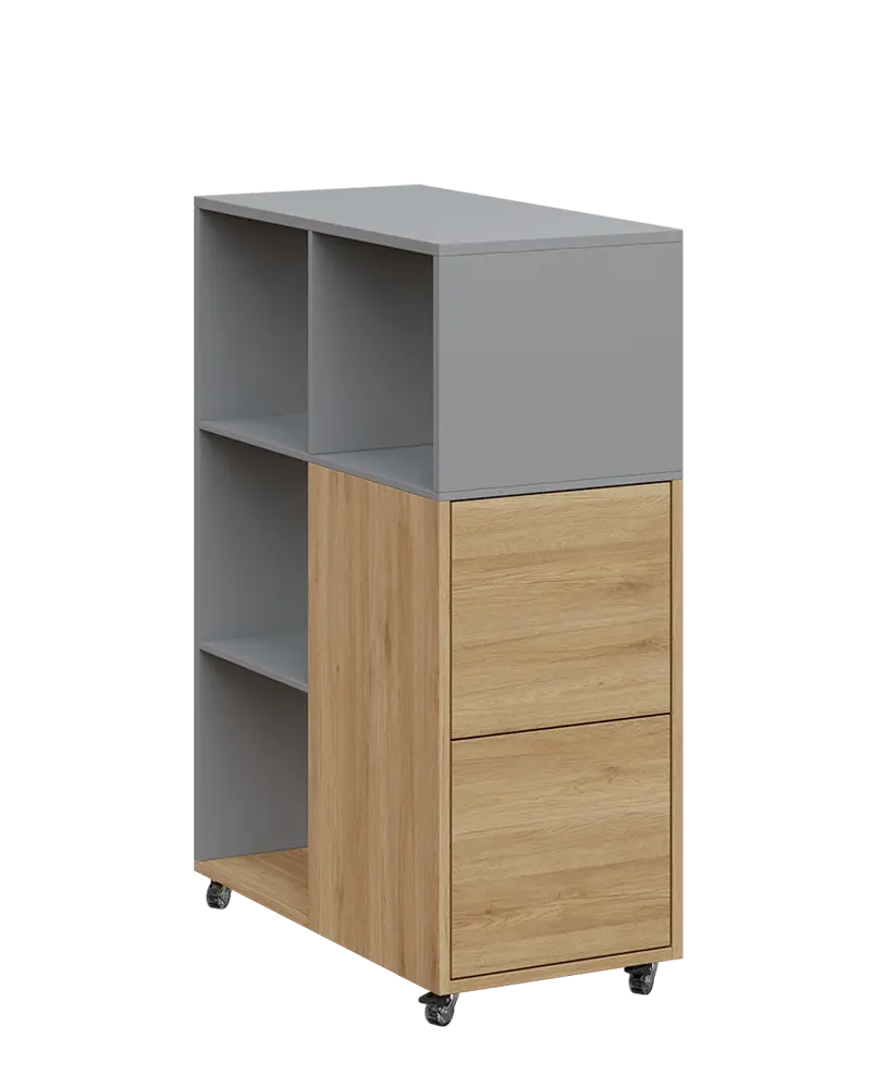 AERO 32 P kancelářská skříň, 2-dveřová/4 niky, pravá, 1100x400x800, kolečka, chinchilla šedá/dub fjord