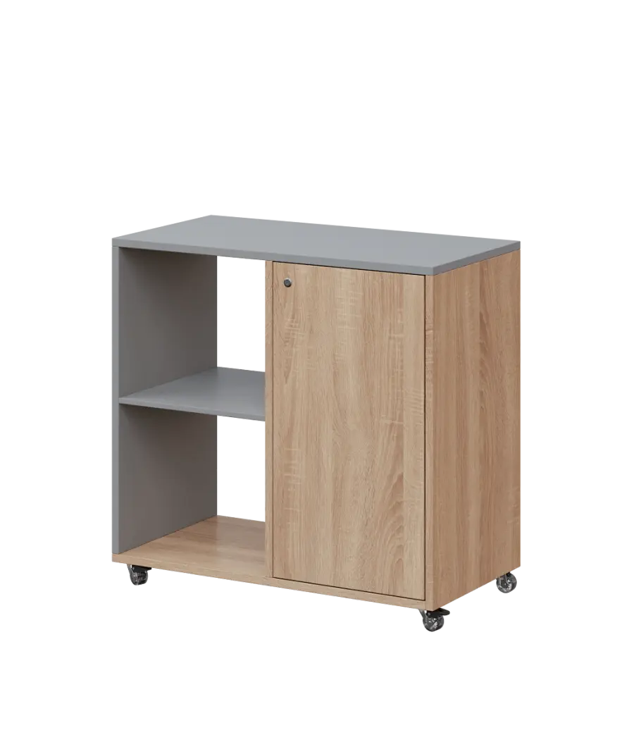 AERO 23 L kancelářská skříň, 1-dveřová/2 niky, levá, 750x800x400, kolečka, chinchilla šedá/dub bardolino