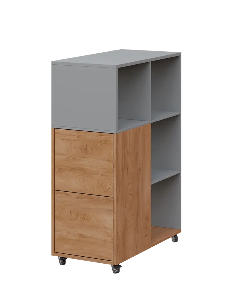 AERO 32 L kancelářská skříň, 2-dveřová/4 niky, levá, 1100x400x800, kolečka, chinchilla šedá/dub klasik