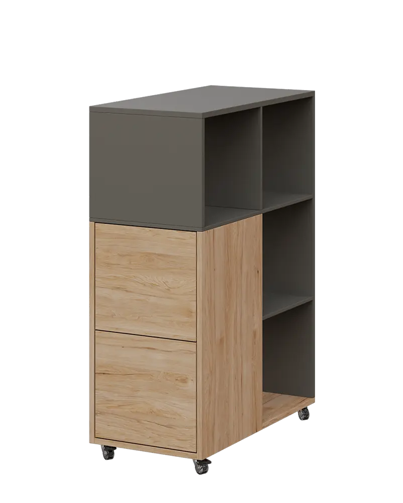 AERO 32 L kancelářská skříň, 2-dveřová/4 niky, levá, 1100x400x800, kolečka, lávově šedá/dub hickory