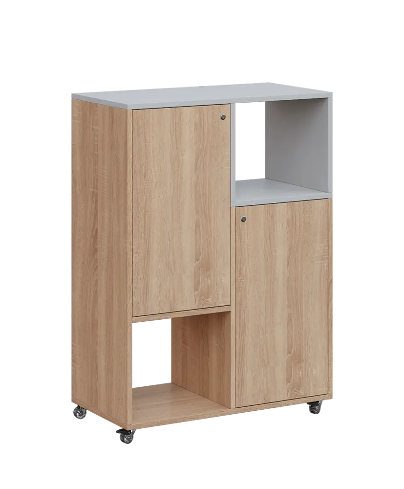 AERO 34 P kancelářská skříň, 2-dveřová/4 niky, pravá, 1100x800x400, kolečka, šedá/dub bardolino