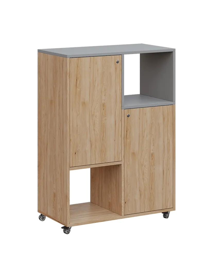 AERO 34 P kancelářská skříň, 2-dveřová/4 niky, pravá, 1100x800x400, kolečka, chinchilla šedá/dub hickory