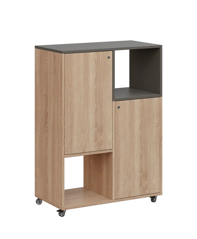 AERO 34 P kancelářská skříň, 2-dveřová/4 niky, pravá, 1100x800x400, kolečka, lávově šedá/dub bardolino