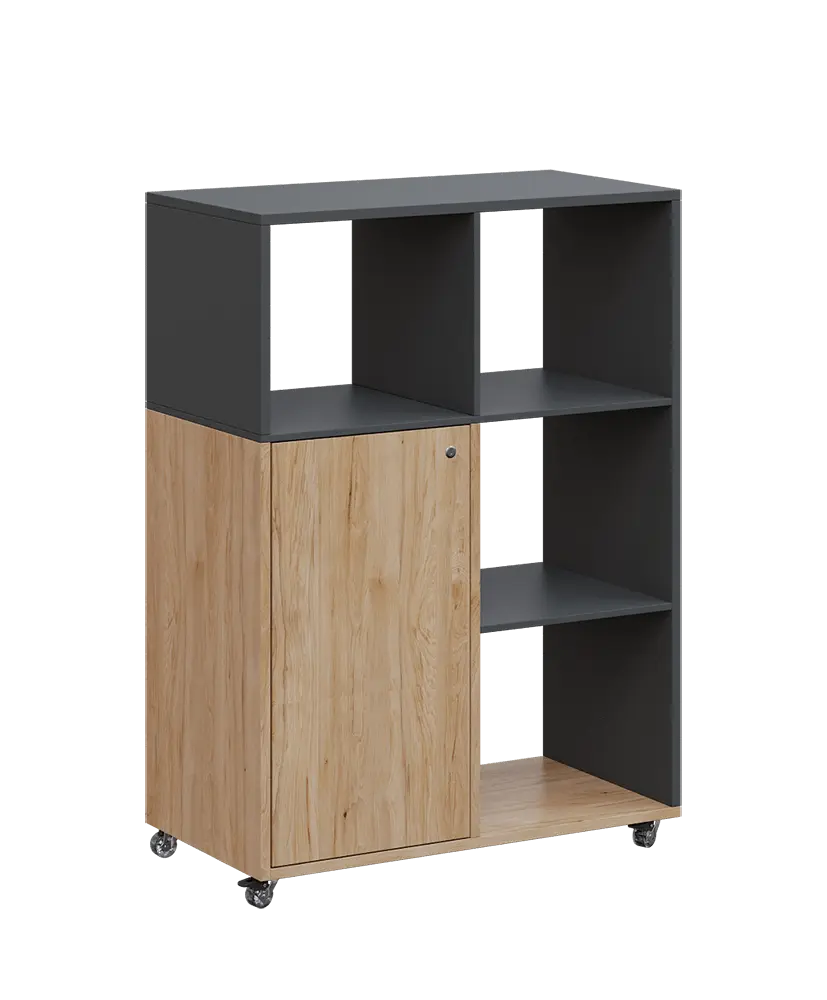 AERO 33 P kancelářská skříň, 1-dveřová/4 niky, pravá, 1100x800x400, kolečka, antracit/dub hickory