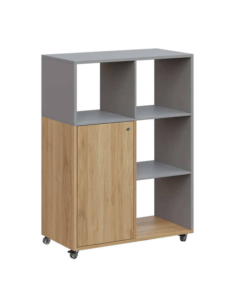 AERO 33 P kancelářská skříň, 1-dveřová/4 niky, pravá, 1100x800x400, kolečka, chinchilla šedá/dub fjord