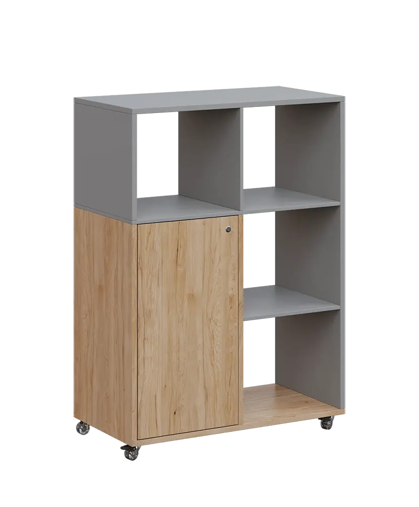 AERO 33 P kancelářská skříň, 1-dveřová/4 niky, pravá, 1100x800x400, kolečka, chinchilla šedá/dub hickory