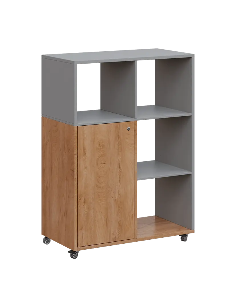 AERO 33 P kancelářská skříň, 1-dveřová/4 niky, pravá, 1100x800x400, kolečka, chinchilla šedá/dub klasik