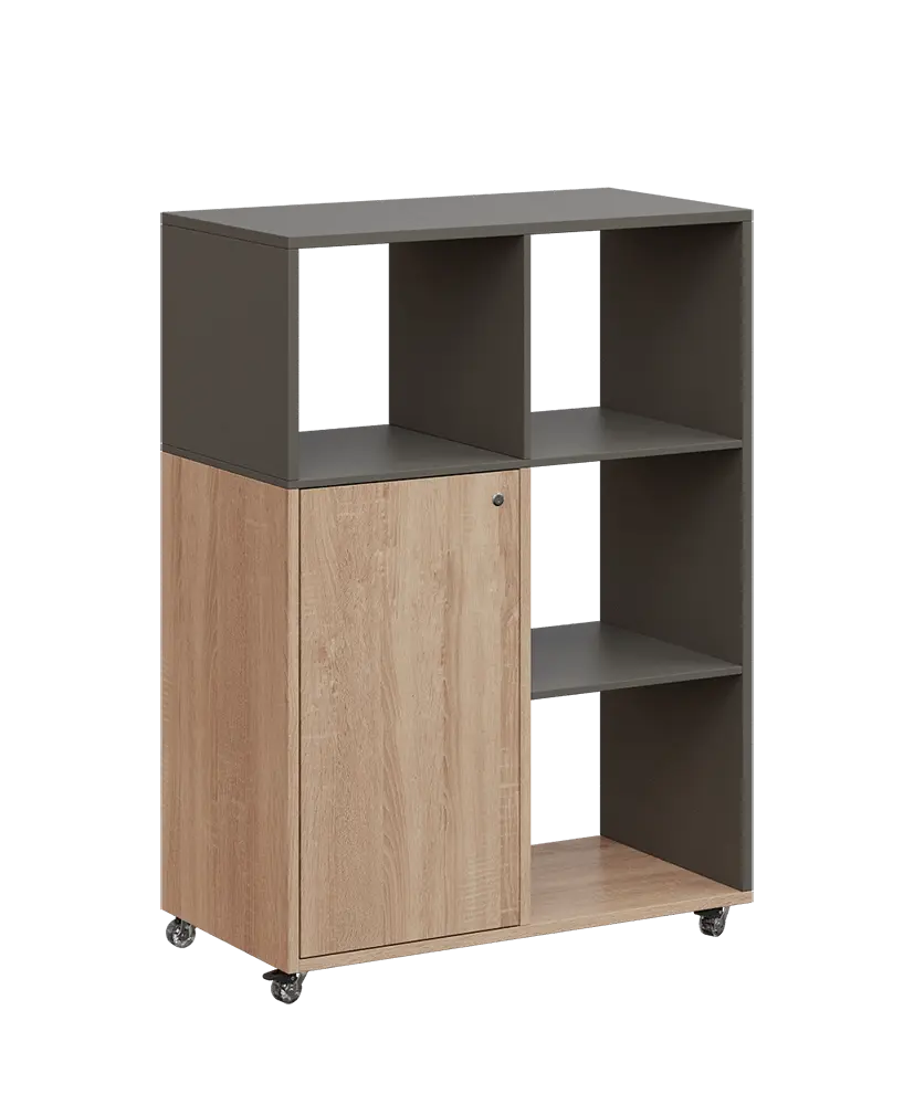 AERO 33 P kancelářská skříň, 1-dveřová/4 niky, pravá, 1100x800x400, kolečka, lávově šedá/dub bardolino