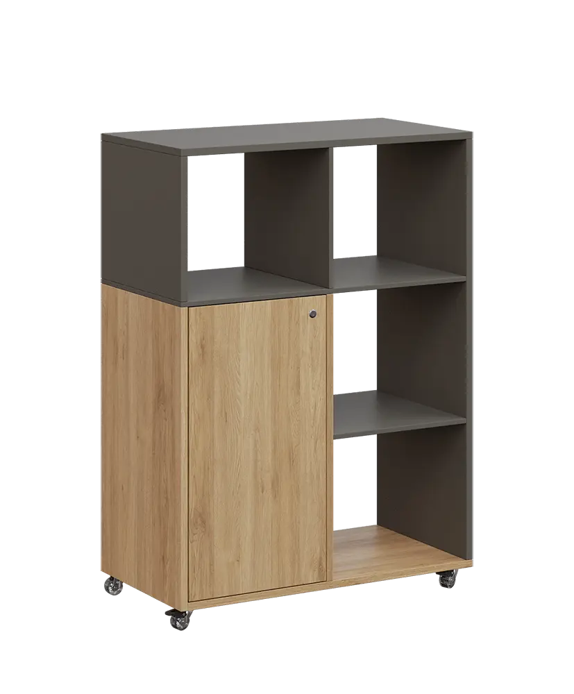 AERO 33 P kancelářská skříň, 1-dveřová/4 niky, pravá, 1100x800x400, kolečka, lávově šedá/dub fjord