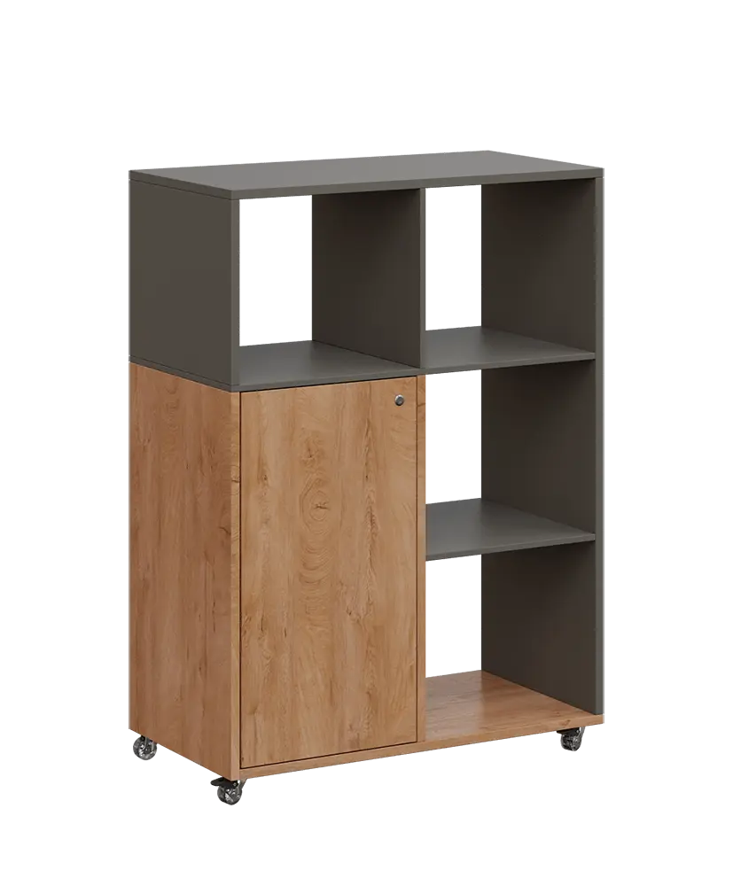 AERO 33 P kancelářská skříň, 1-dveřová/4 niky, pravá, 1100x800x400, kolečka, lávově šedá/dub klasik