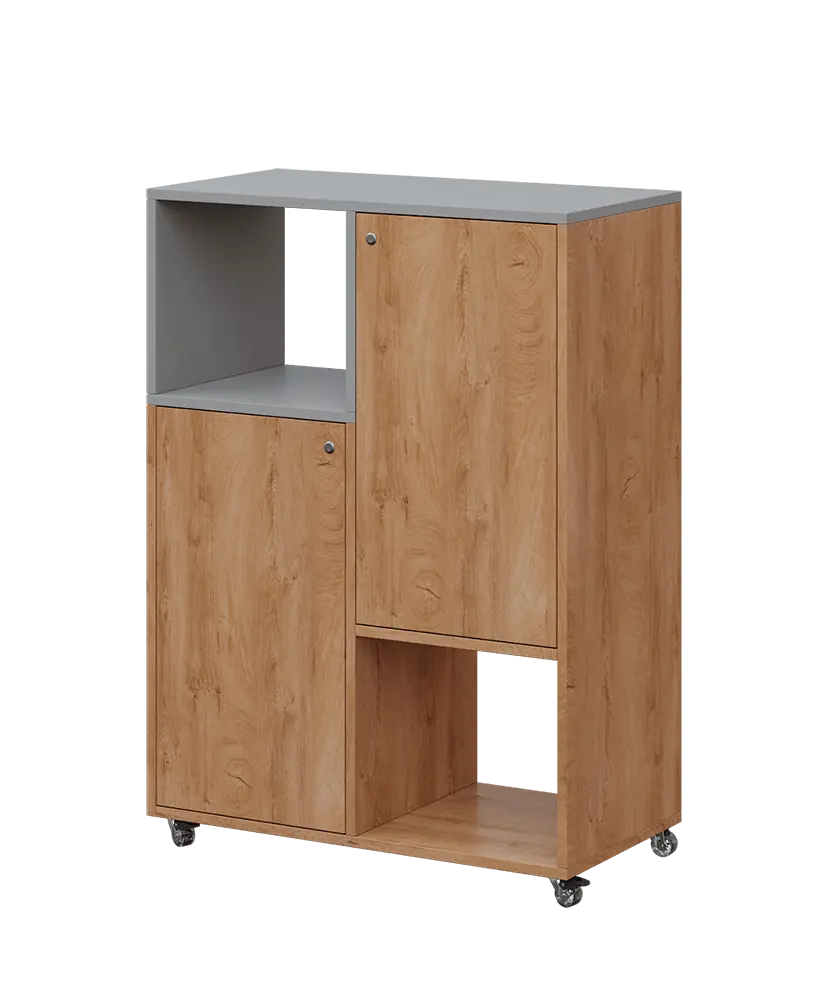 AERO 34 L kancelářská skříň, 2-dveřová/4 niky, levá, 1100x800x400, kolečka, lávově šedá/dub klasik