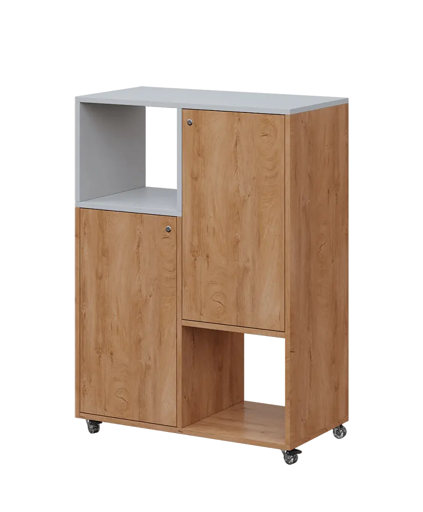 AERO 34 L kancelářská skříň, 2-dveřová/4 niky, levá, 1100x800x400, kolečka, šedá/dub klasik