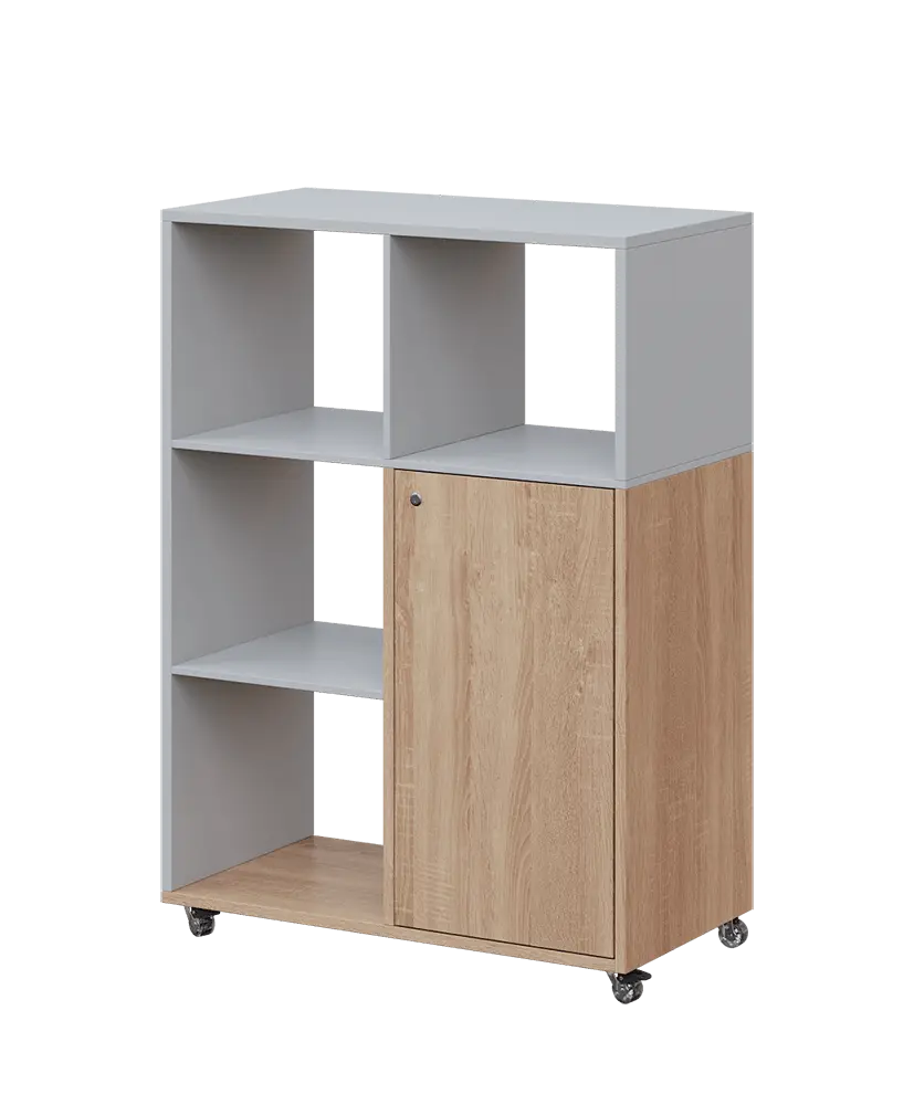 AERO 33 L kancelářská skříň, 1-dveřová/4 niky, levá, 1100x800x400, kolečka, chinchilla šedá/dub bardolino