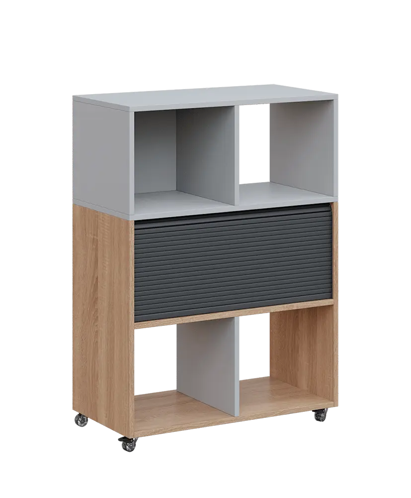 AERO 35 kancelářská skříň, roletková/4 niky, 1100x800x400, kolečka, šedá/dub bardolino