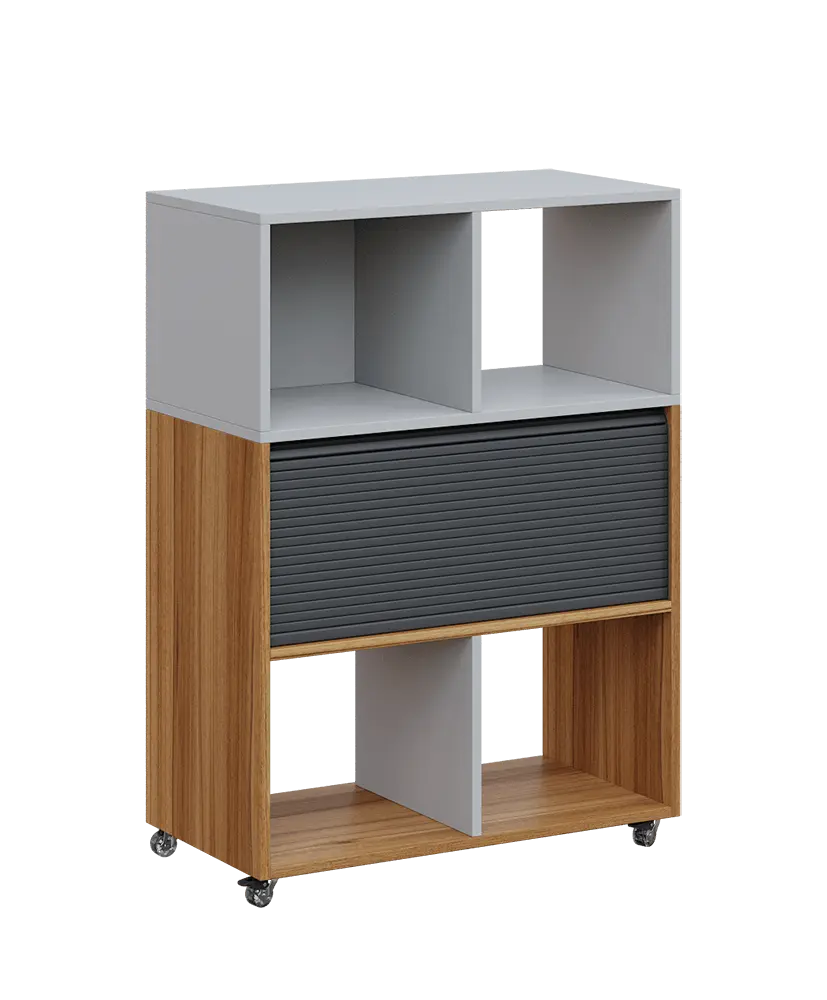 AERO 35 kancelářská skříň, roletková/4 niky, 1100x800x400, kolečka, šedá/ořech světlý