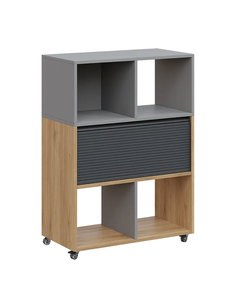 AERO 35 kancelářská skříň, roletková/4 niky, 1100x800x400, kolečka, chinchilla šedá/dub fjord