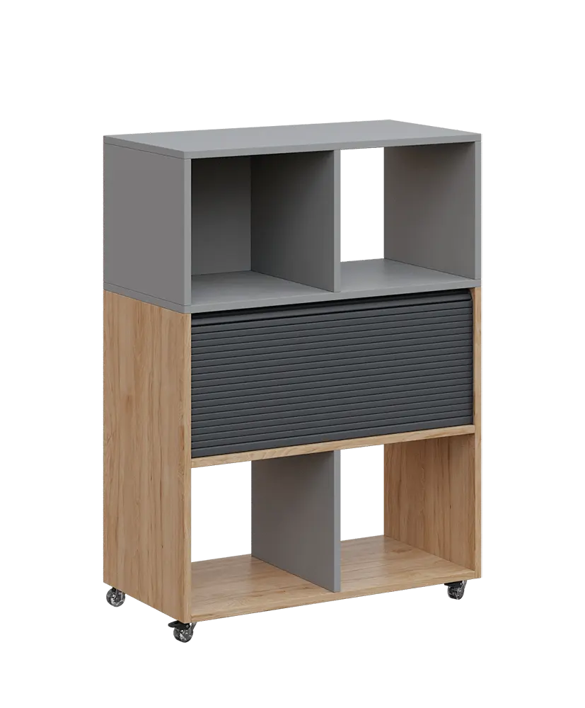 AERO 35 kancelářská skříň, roletková/4 niky, 1100x800x400, kolečka, chinchilla šedá/dub hickory