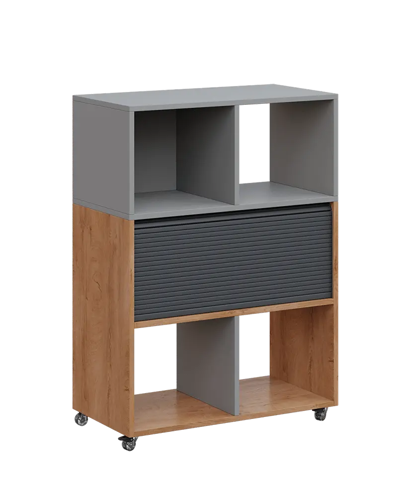 AERO 35 kancelářská skříň, roletková/4 niky, 1100x800x400, kolečka, chinchilla šedá/dub klasik