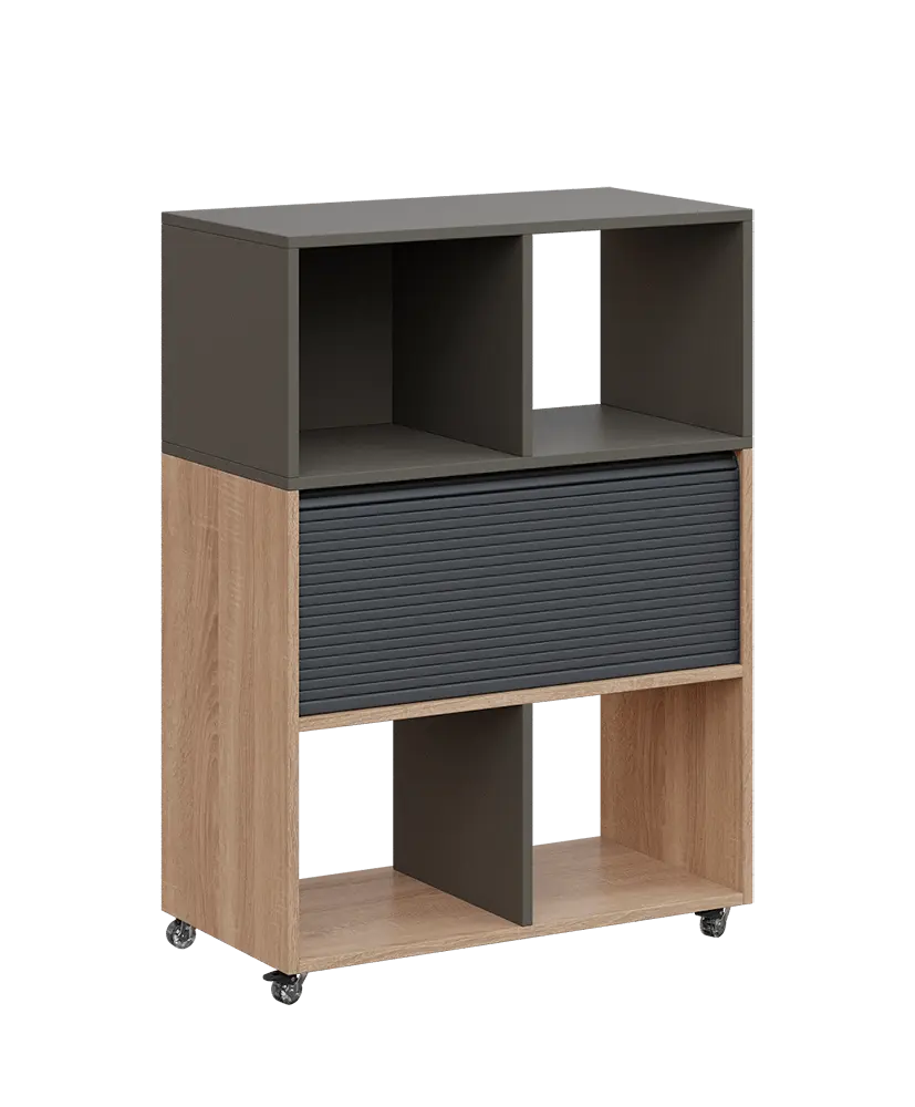 AERO 35 kancelářská skříň, roletková/4 niky, 1100x800x400, kolečka, lávově šedá/dub bardolino