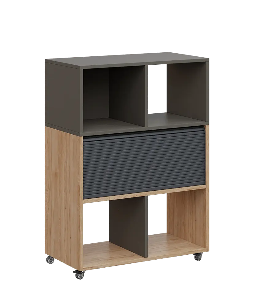 AERO 35 kancelářská skříň, roletková/4 niky, 1100x800x400, kolečka, lávově šedá/dub hickory