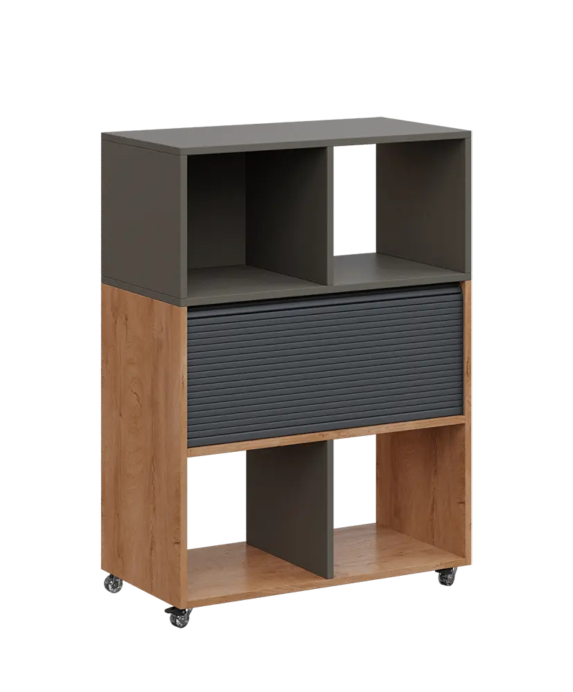 AERO 35 kancelářská skříň, roletková/4 niky, 1100x800x400, kolečka, lávově šedá/dub klasik