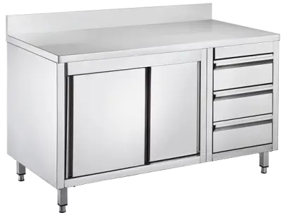 GS - 150 DZP stůl pracovní, posuvná dvířka, zásuvky vpravo, zvýšený zadní lem, nerezový