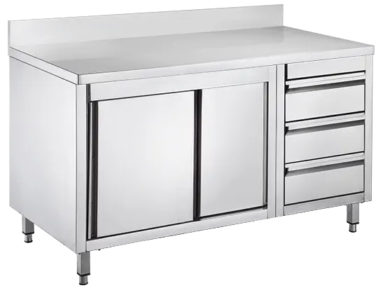 GS - 150 DZP stůl pracovní, posuvná dvířka, zásuvky vpravo, zvýšený zadní lem, nerezový