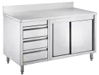 GS - 150 DZL stůl pracovní, posuvná dvířka, zásuvky vlevo, zvýšený zadní lem, nerezový