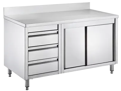 GS - 150 DZL stůl pracovní, posuvná dvířka, zásuvky vlevo, zvýšený zadní lem, nerezový