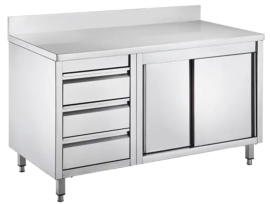 GS - 150 DZL stůl pracovní, posuvná dvířka, zásuvky vlevo, zvýšený zadní lem, nerezový