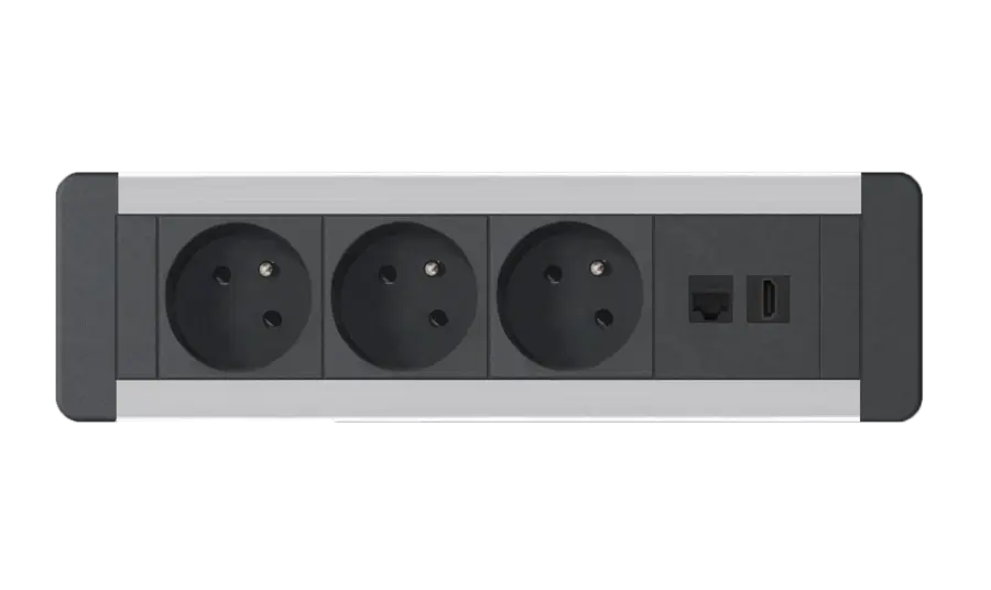 MCO 3E1RJ2U / Multimediální centrum obdélníkové, černé se stříbrným tenkým rámečkem (3 zásuvky, 1x L